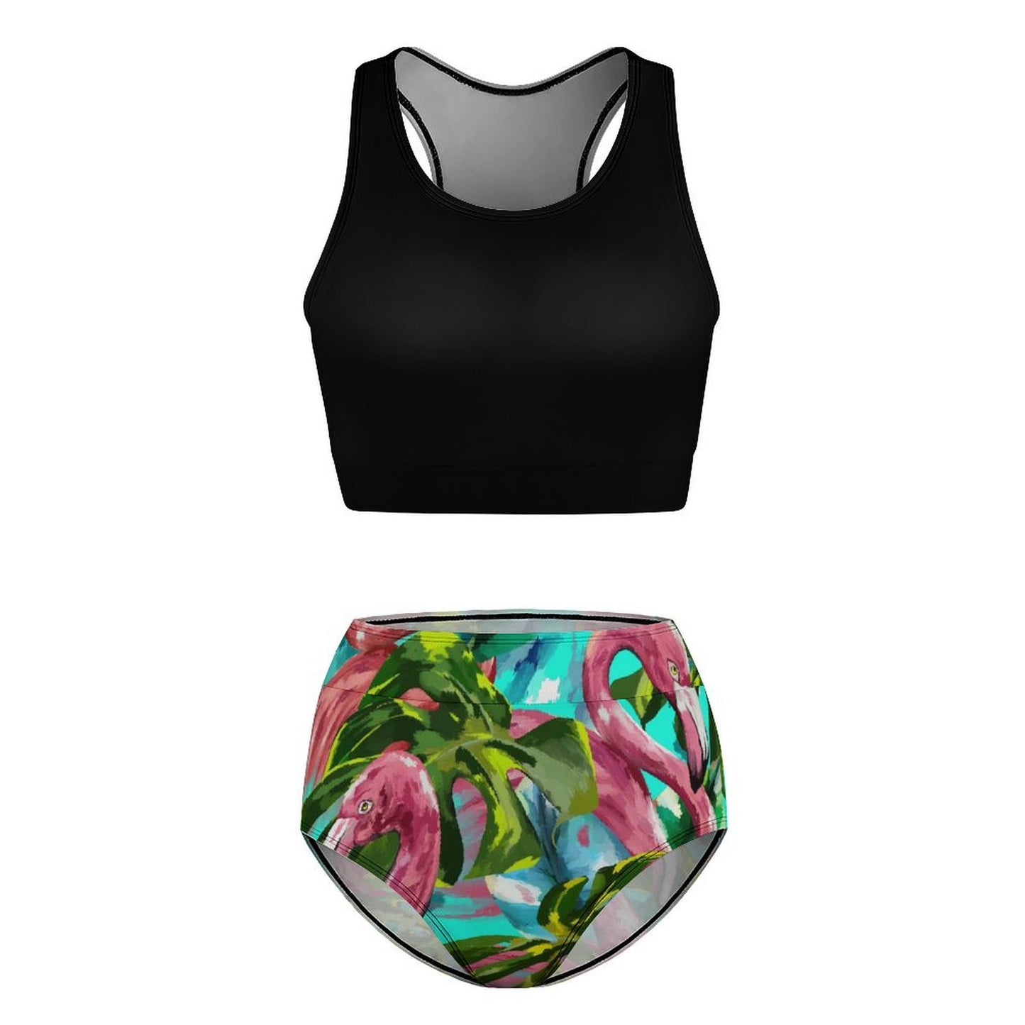Flat lay front view of Custom Print High Neck top & High Waisted bottom.