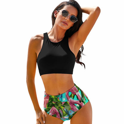 Personalized High Waisted Bikini with Custom Print. Model front view.