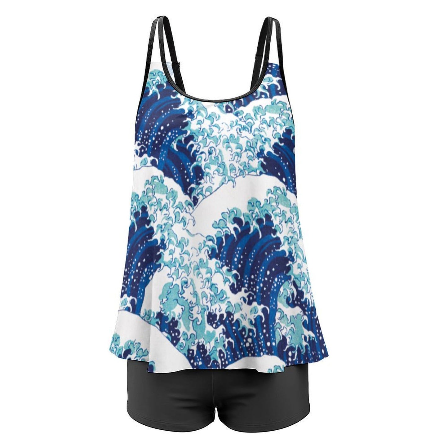 Your Personalized Art Print Tankini Set featuring Hokusai's Great Wave, with high-waist swim shorts