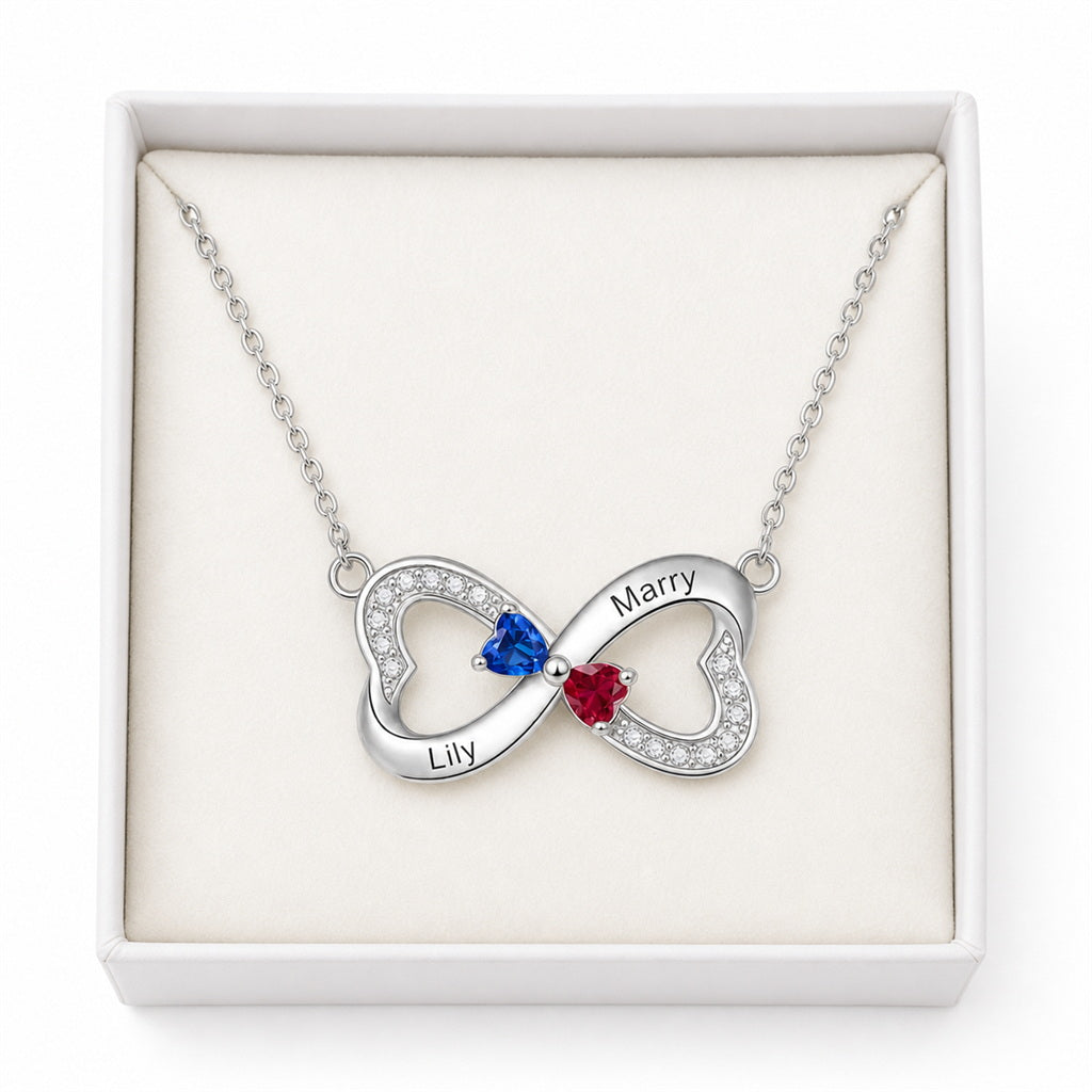 Custom infinity birthstone necklace displayed in gift box