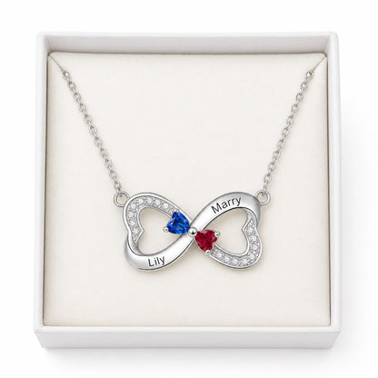 Custom infinity birthstone necklace displayed in gift box