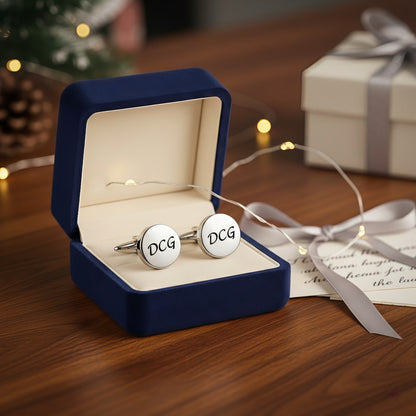 Initial letter cufflinks in navy gift box, custom name accessory for men's business wear.