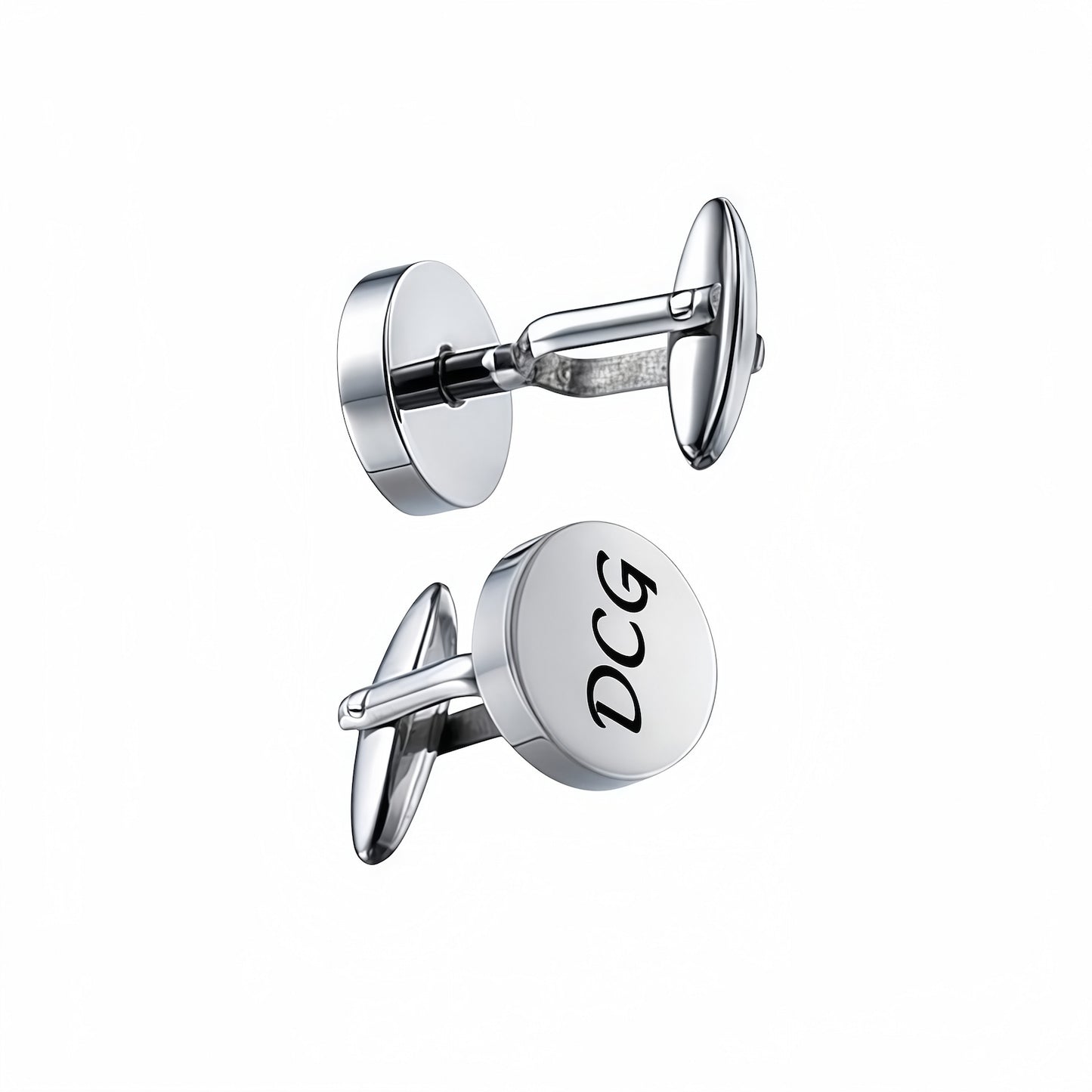 Personalized men's initial cufflinks showing T-bar structure, perfect for business or wedding.