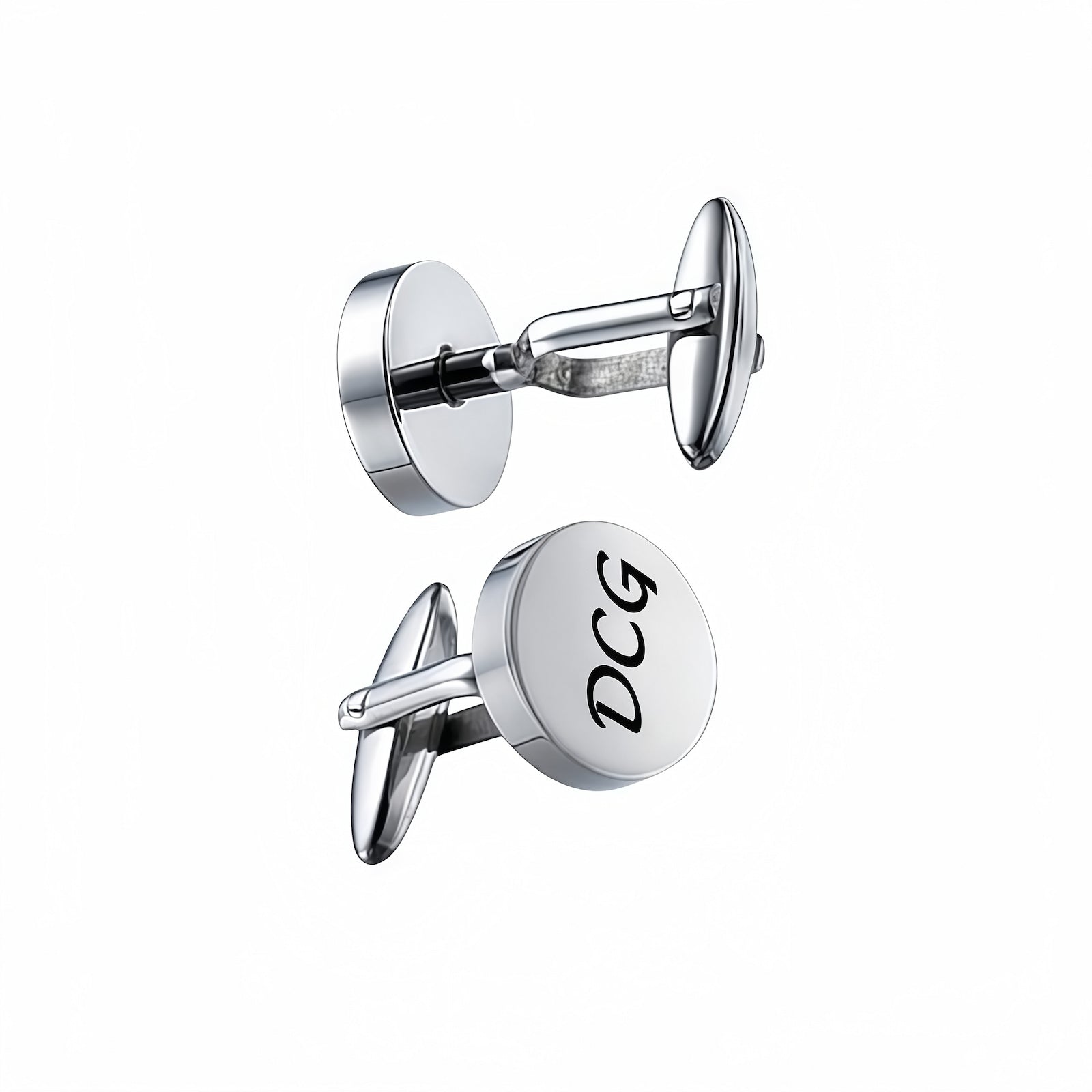 Personalized men's initial cufflinks showing T-bar structure, perfect for business or wedding.