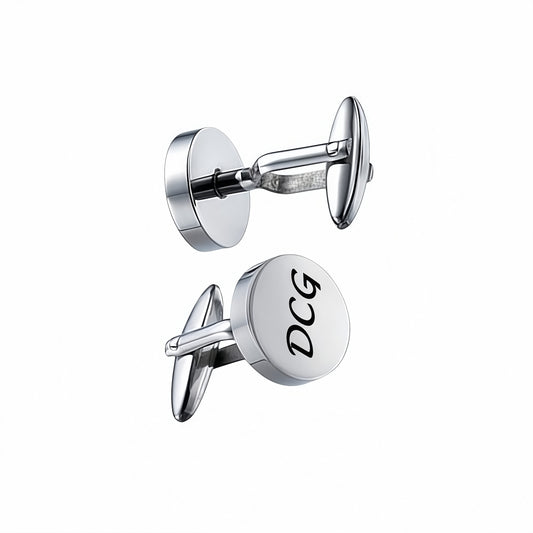 Personalized men's initial cufflinks showing T-bar structure, perfect for business or wedding.