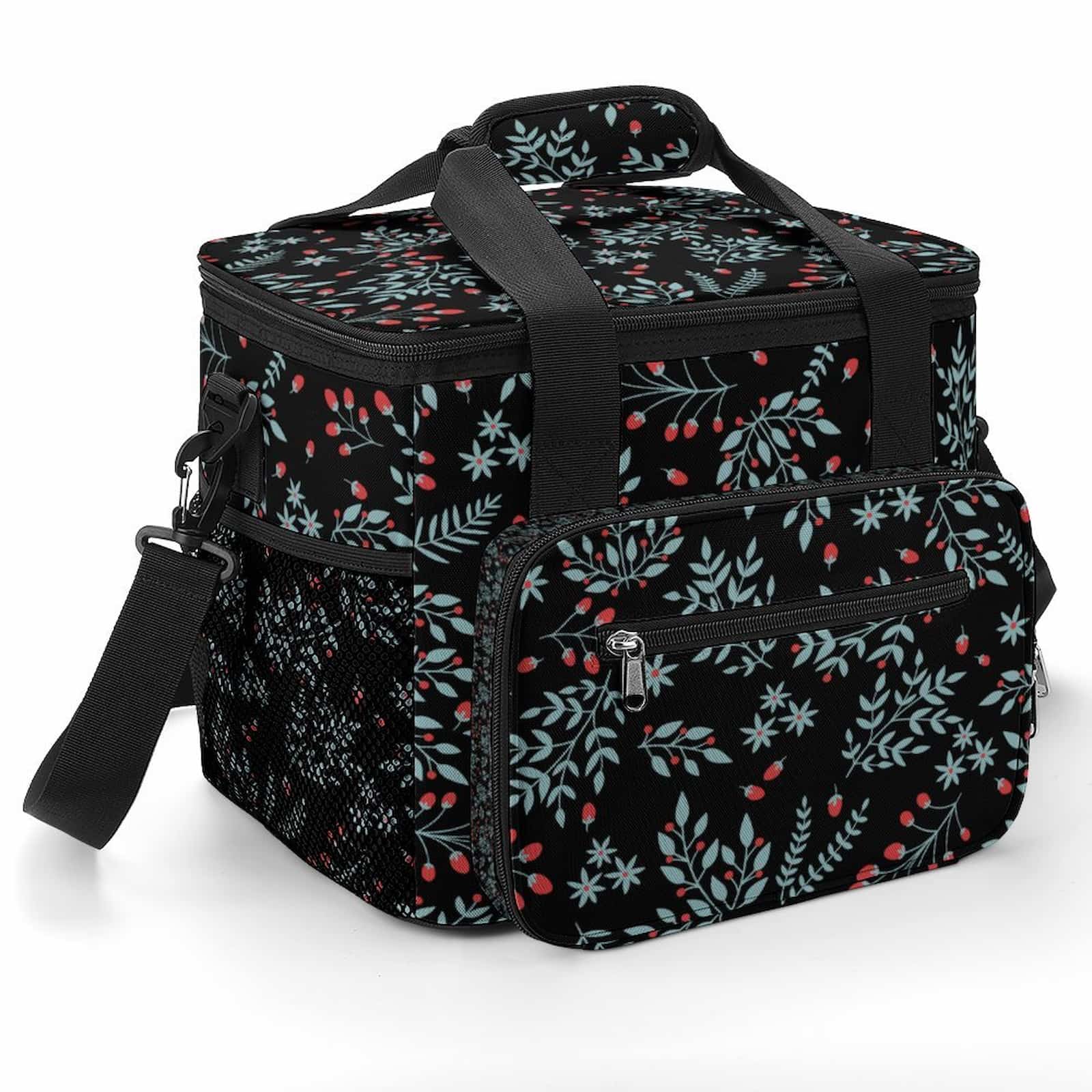 Custom Insulated Lunch Bag, floral print front view showing padded handle and zippered pockets.
