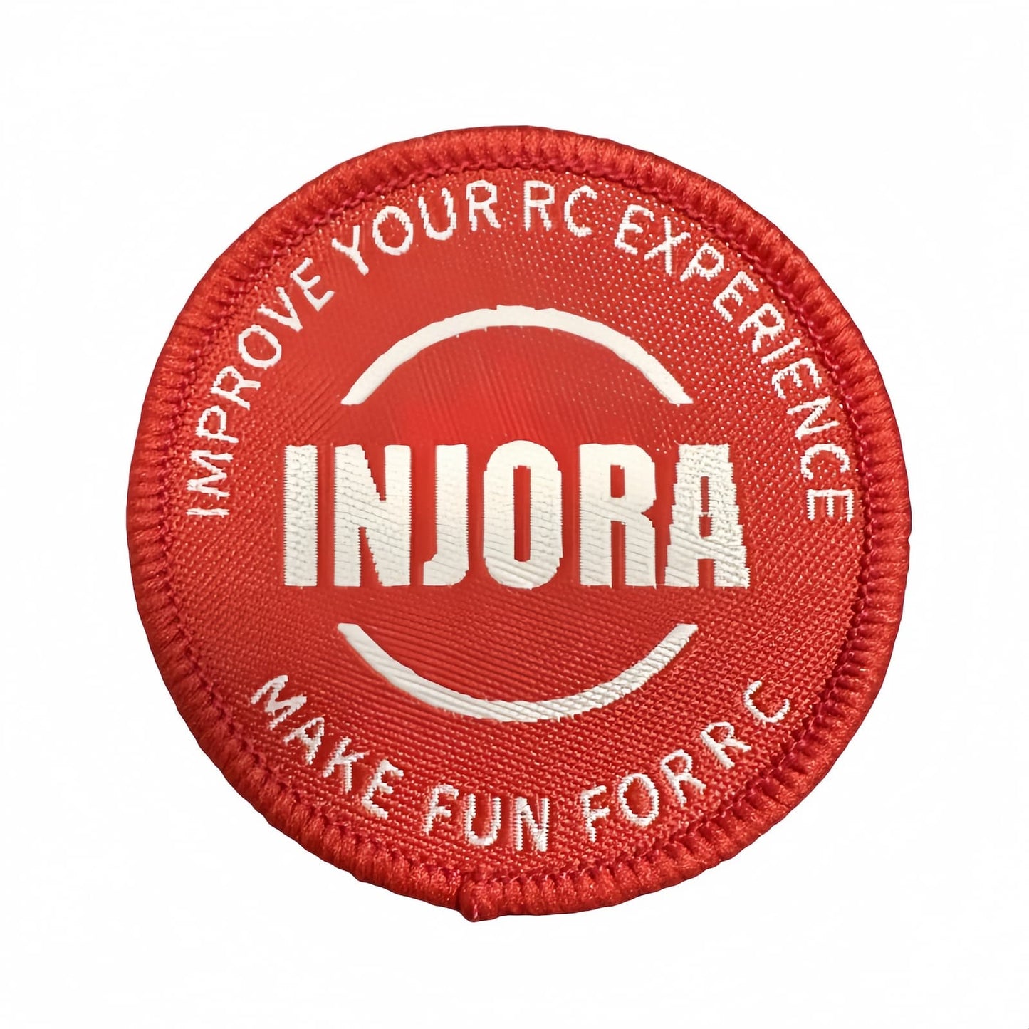 Custom Iron On Patch for RC hobby club, round design with woven logo text.