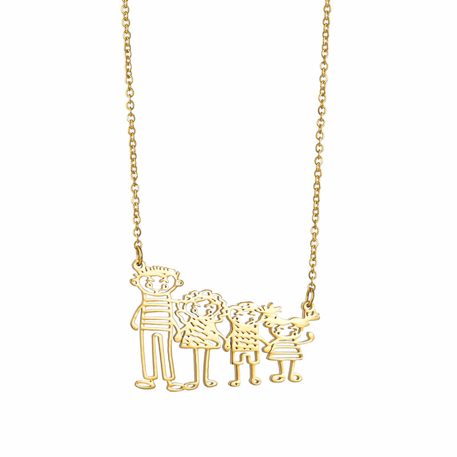 Gold-plated outline necklace in the shape of simple, hand-drawn family figures, suspended from a delicate chain.