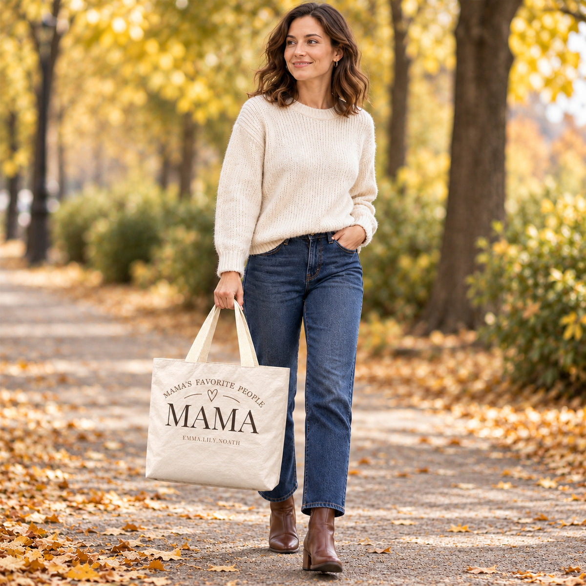 Personalized Mom Tote Bag with Kids' Names - outdoor model styling view