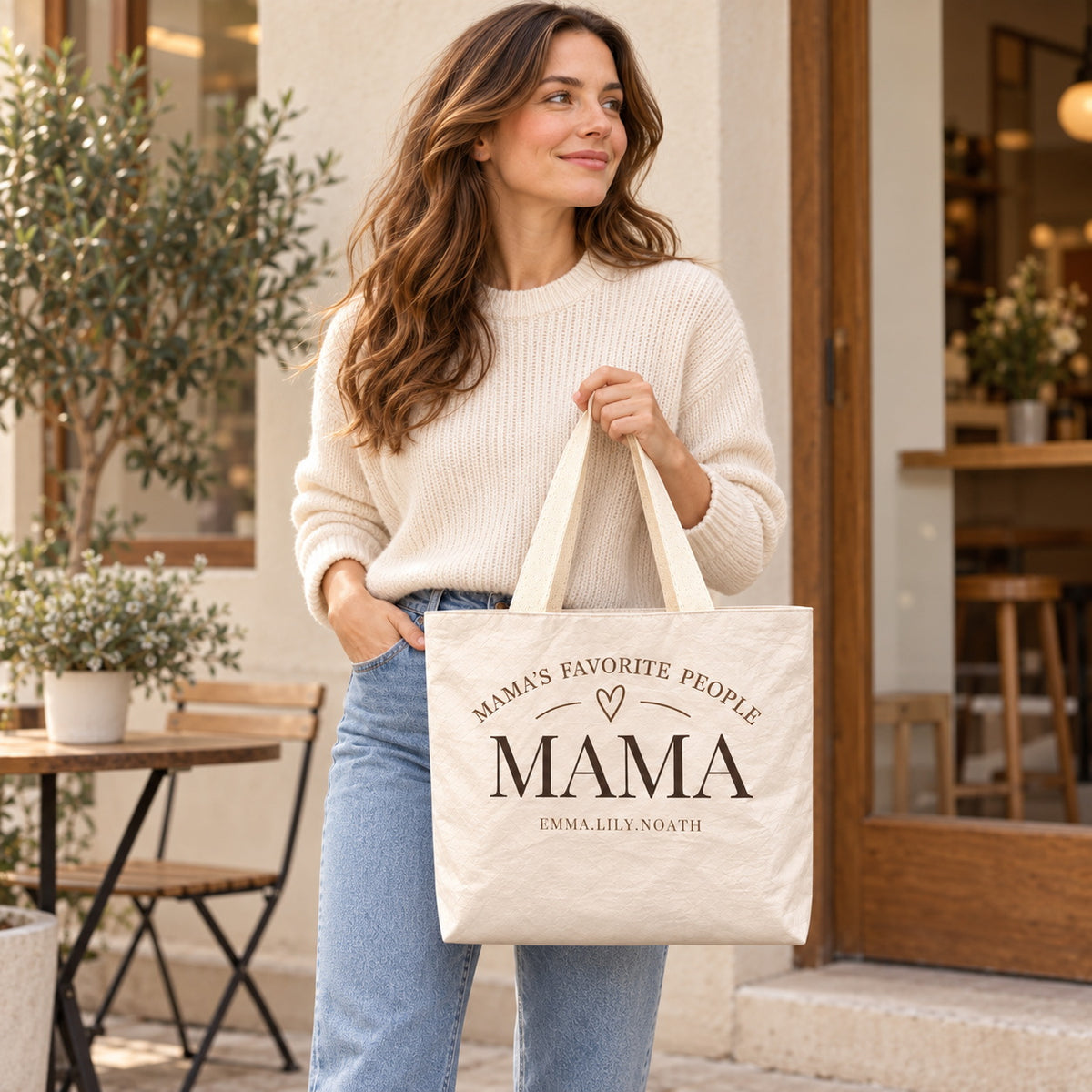 Personalized Mom Tote Bag with Kids' Names - shoulder carry outfit view