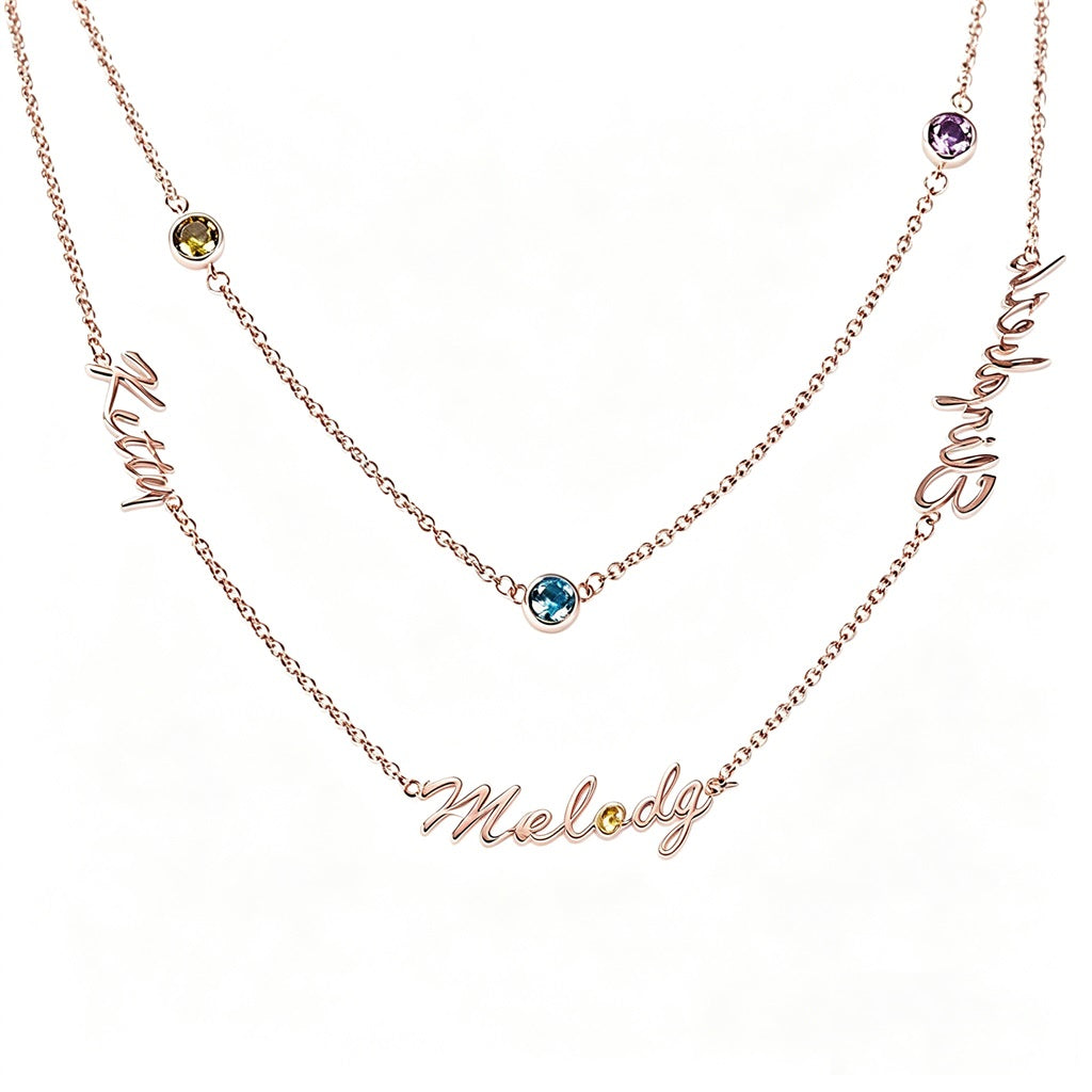 Custom layered name birthstone necklace front view
