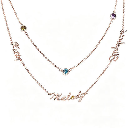 Custom layered name birthstone necklace front view