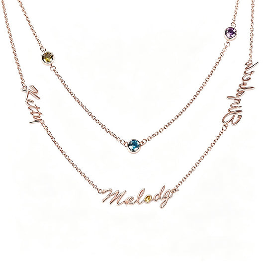 Custom layered name birthstone necklace front view