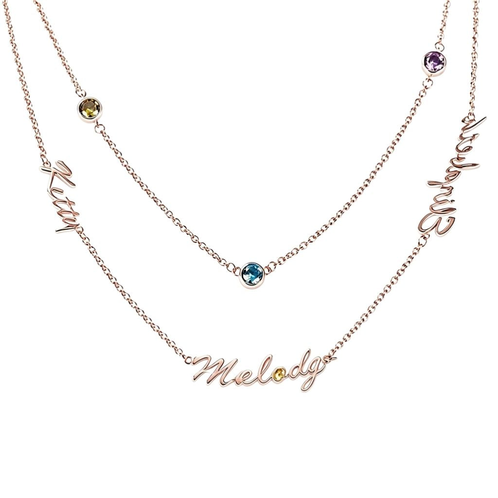 Custom layered name birthstone necklace front view