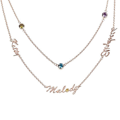 Custom layered name birthstone necklace front view