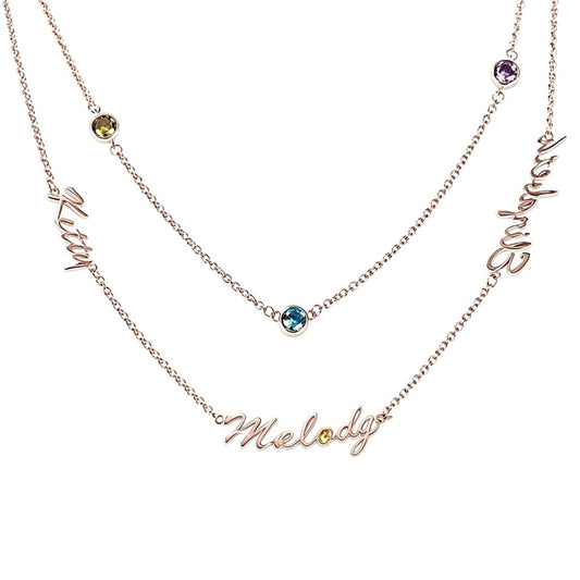 Custom layered name birthstone necklace front view