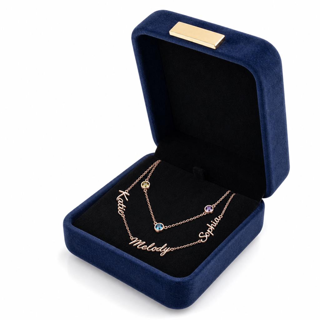 Layered name necklace in a gift box