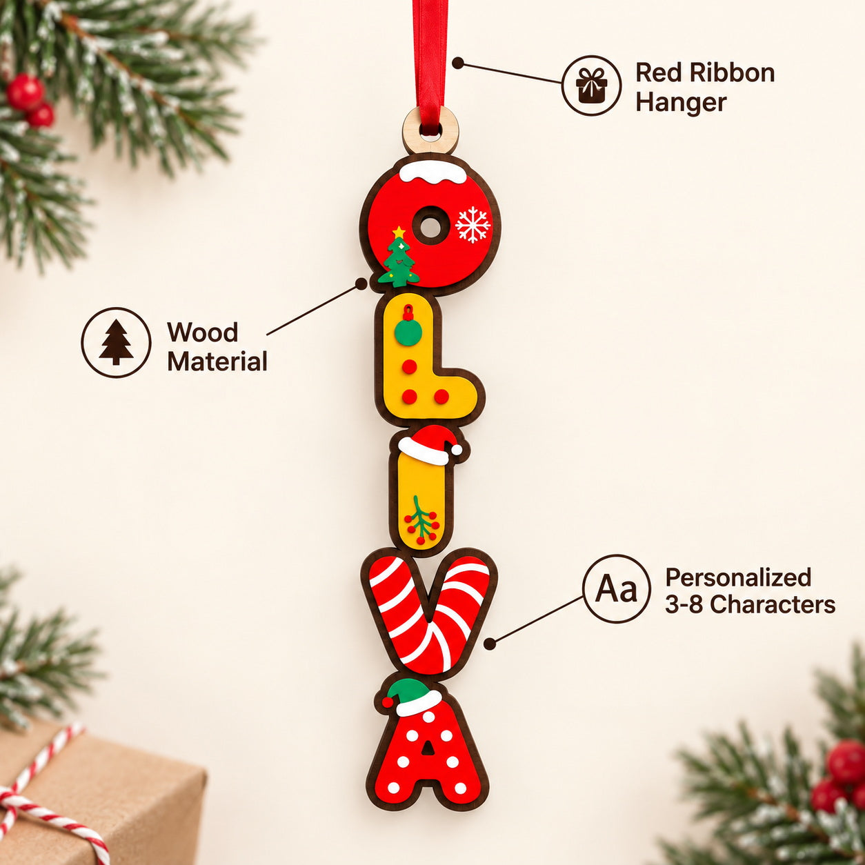 Custom letter Christmas ornament wood and ribbon details
