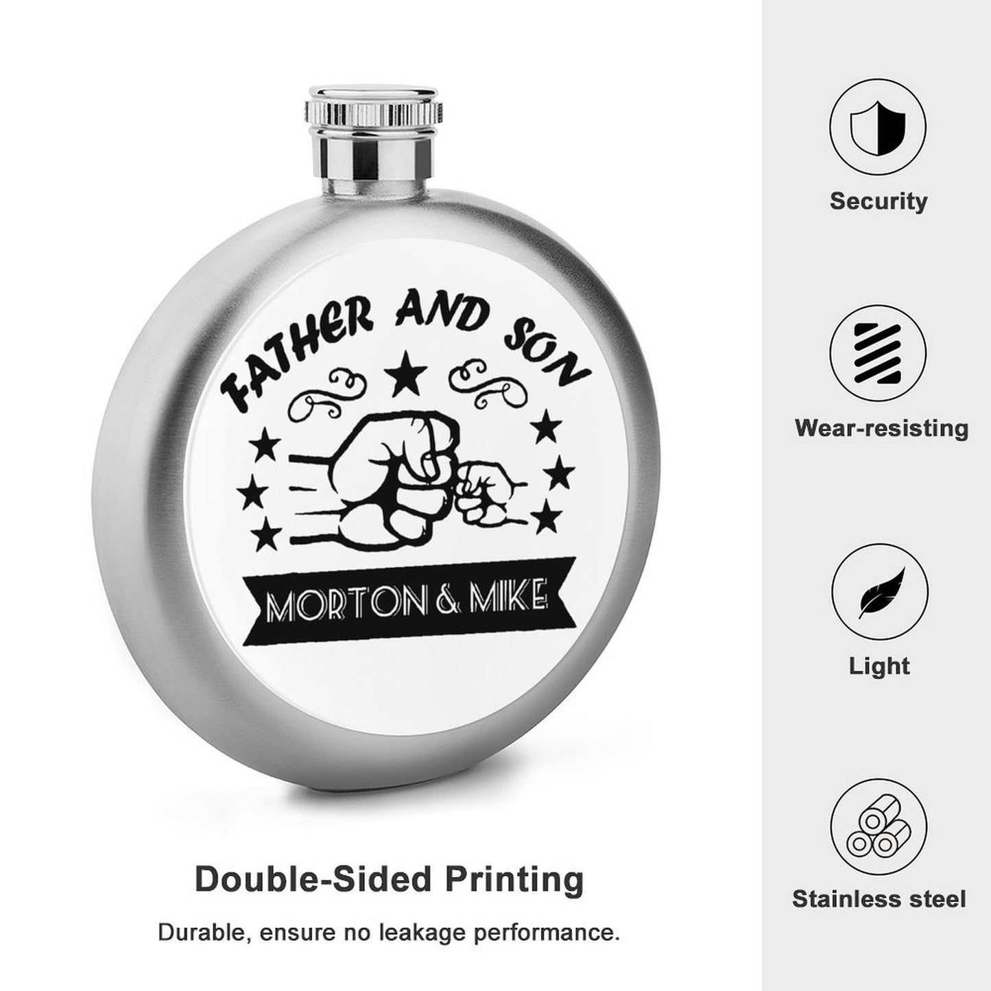 Wear-resisting custom hip flask with stainless steel material and double-sided printing.
