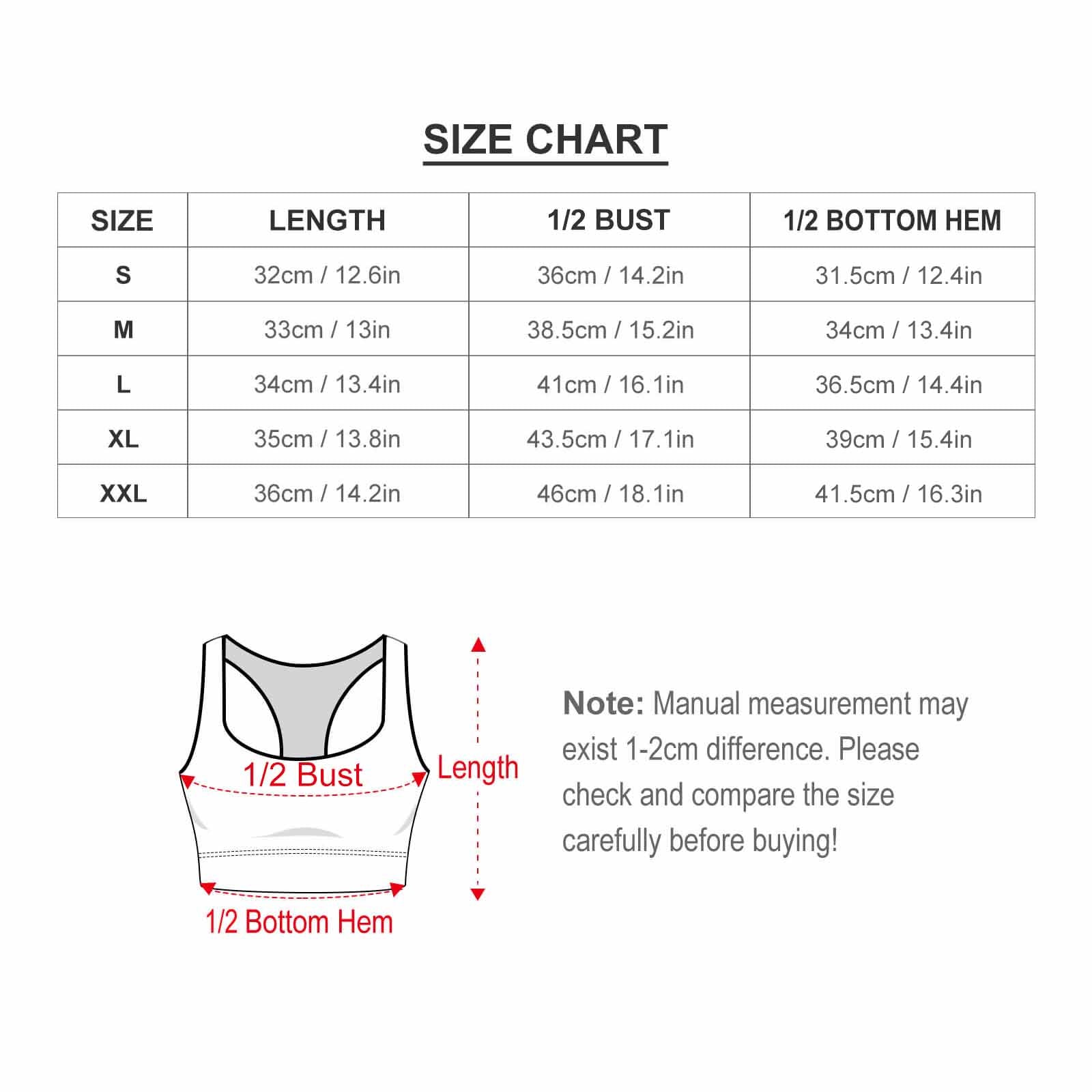 Custom Logo Racerback Bra size chart for Women. Check cup and bust measurements.