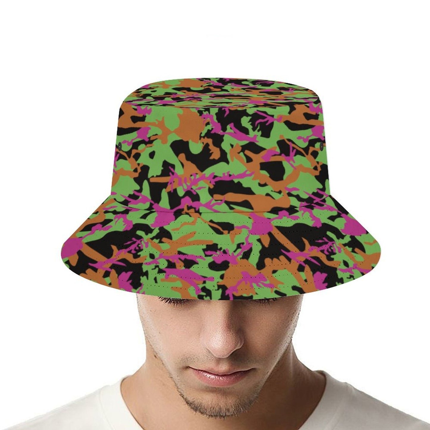 Model wearing Custom Logo Sun Hat on the beach. Printed Beach Bucket Hat.