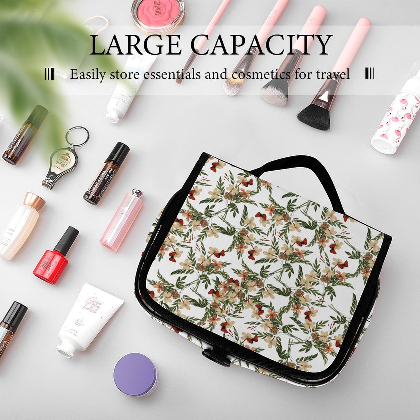 Custom Makeup Bag with large capacity for travel essentials and cosmetics.