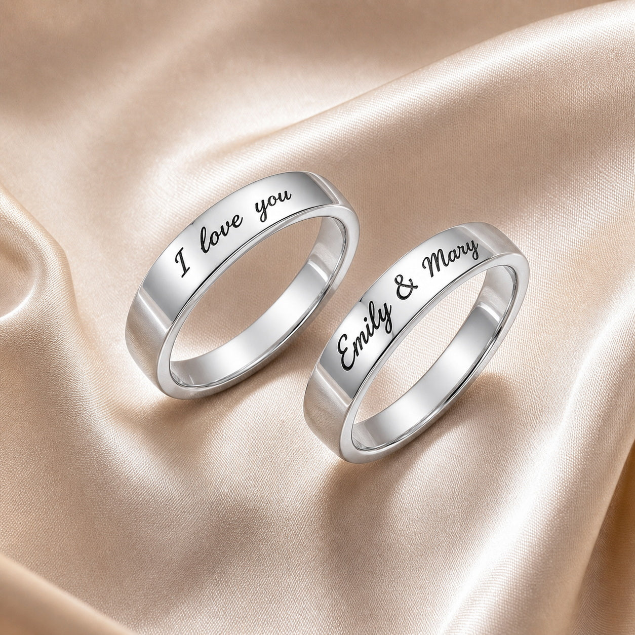 Custom matching couple name band ring detail view