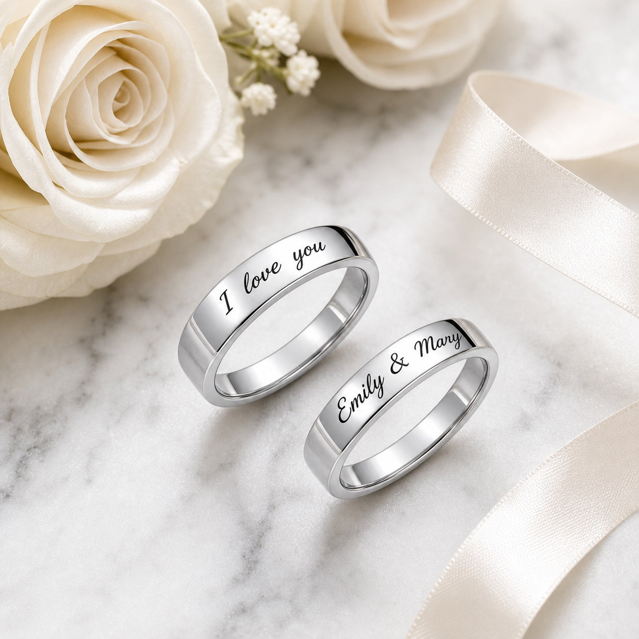 Custom matching couple name band ring side view