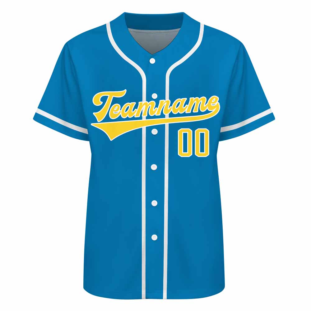 Custom Men Baseball Mid Blue White Jersey with stitched team name and number.