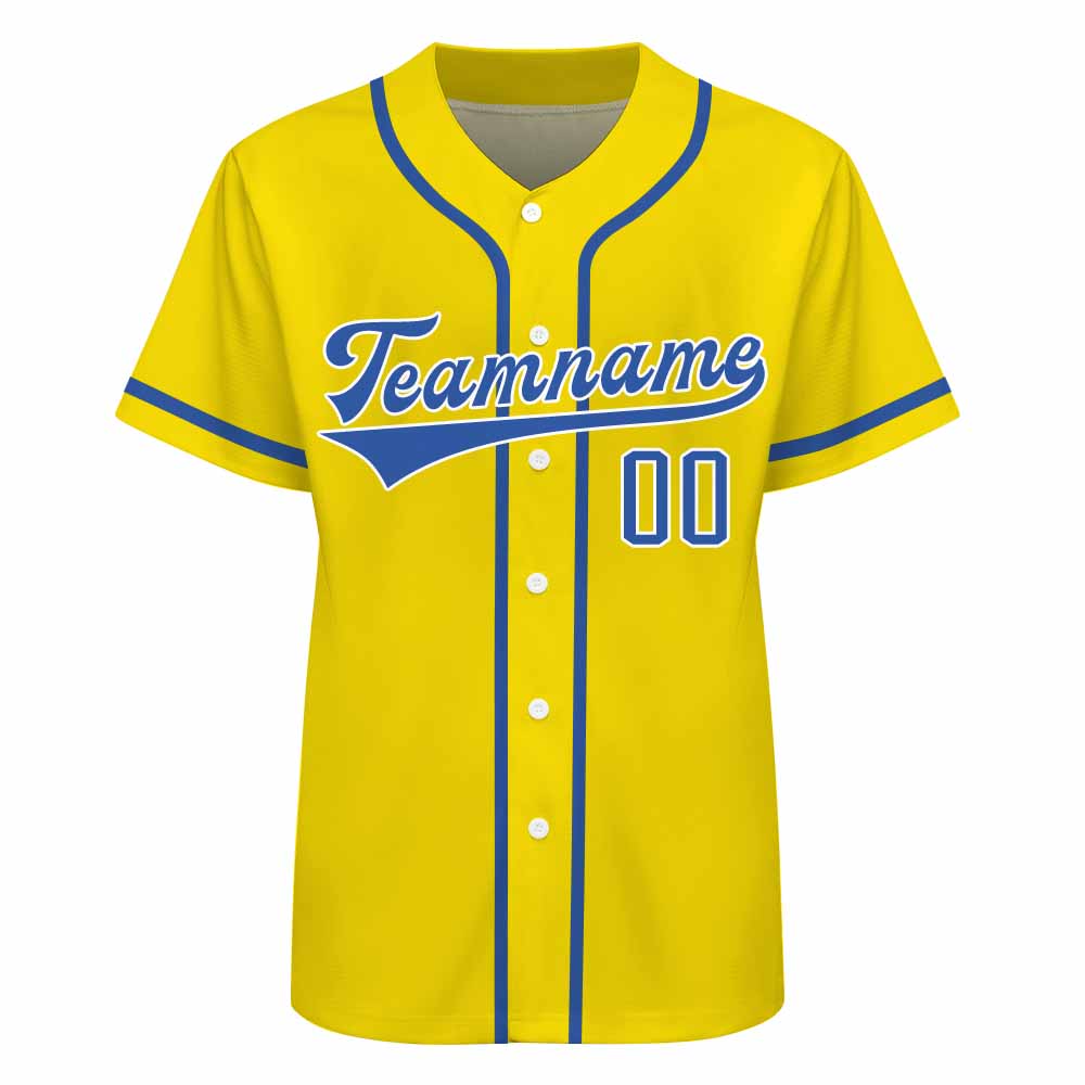 Custom Men Baseball Yellow Blue Jersey with stitched team name and number.