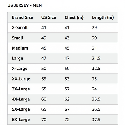 Personalized Mens Football Jersey showing custom team name, numbers size chart.
