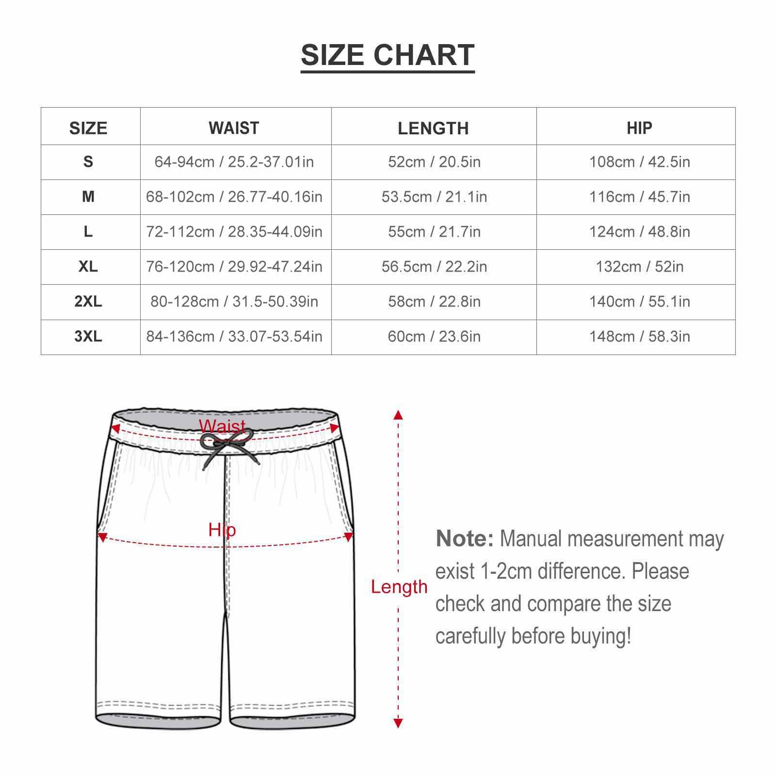 Size chart for custom men's swim trunks, including waist, length, and hip.