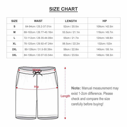 Size chart for custom men's swim trunks, including waist, length, and hip.