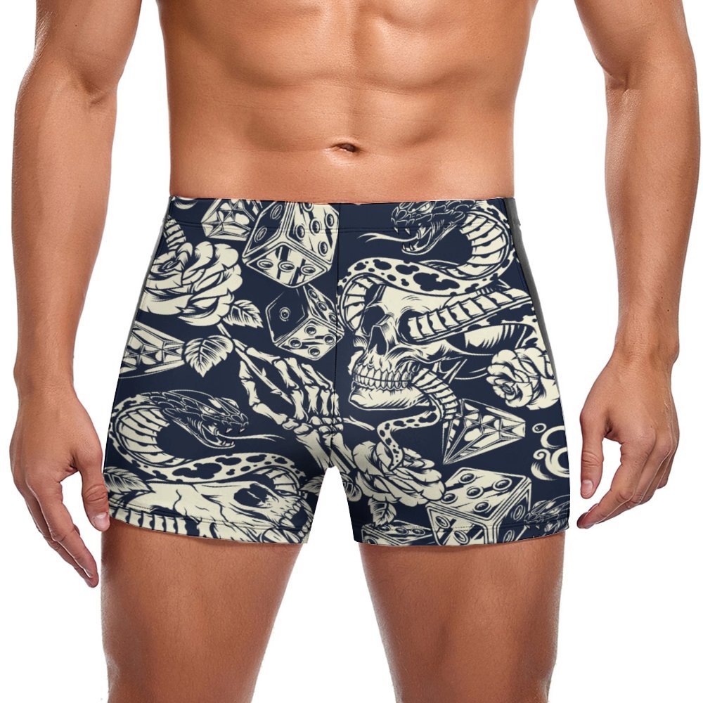 Custom print mens bathing suit square leg design with black side panel.