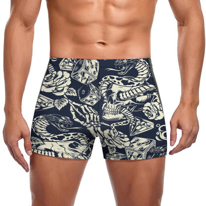 Custom print mens bathing suit square leg design with black side panel.