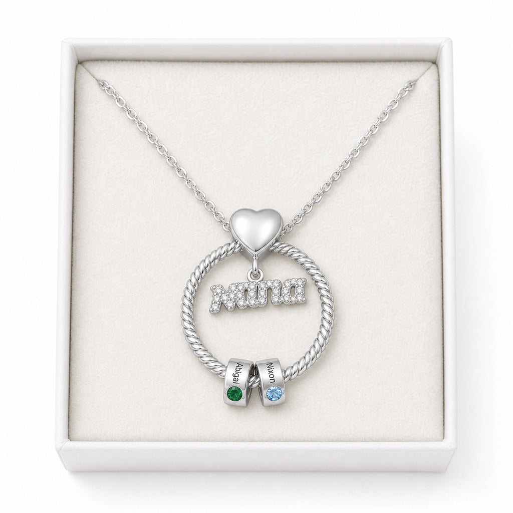 Custom mothers birthstone necklace displayed in gift box