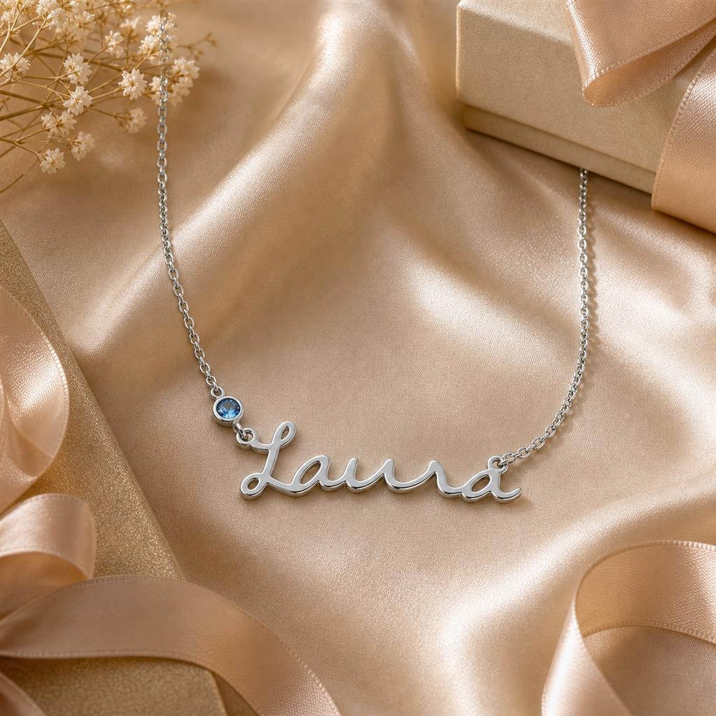 Name birthstone necklace in a gift scene