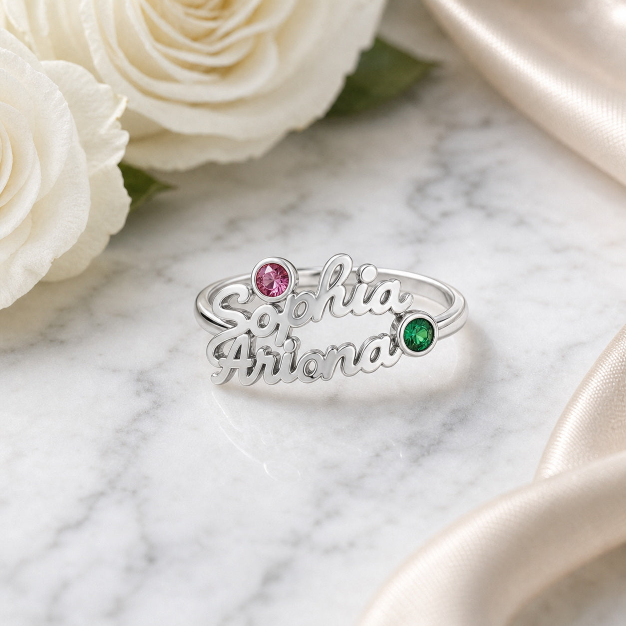 Custom name birthstone ring side view