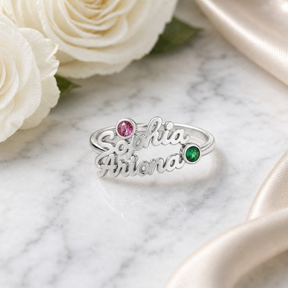 Custom name birthstone ring side view