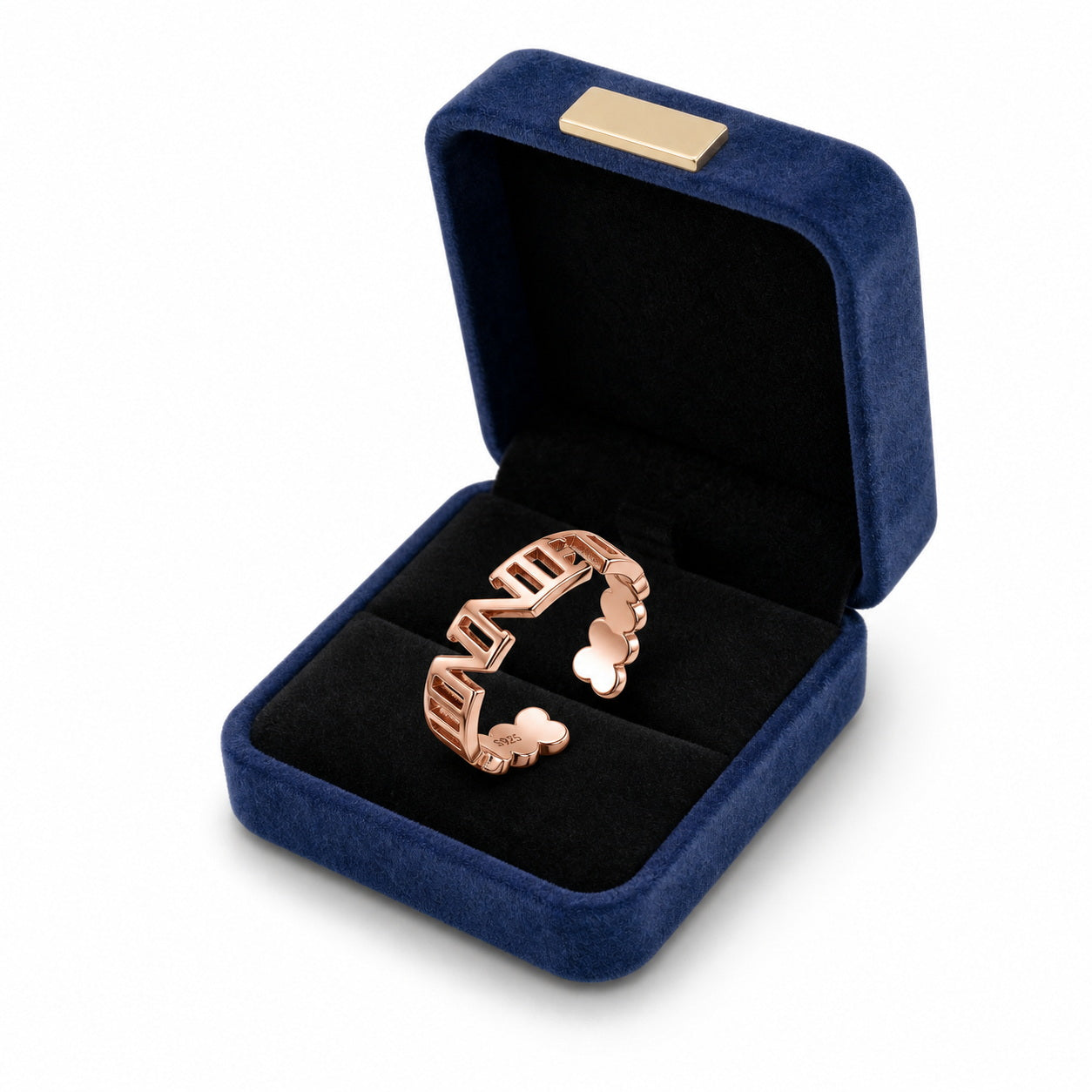 Custom name cutout heart band ring gift box view ring
