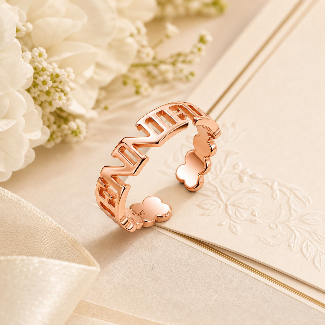 Custom name cutout heart band ring lifestyle view ring