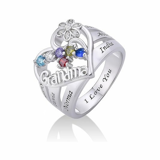 S925 Sterling Silver Grandma Ring Personalized 1-8 Birthstone Rings for Grandmothers