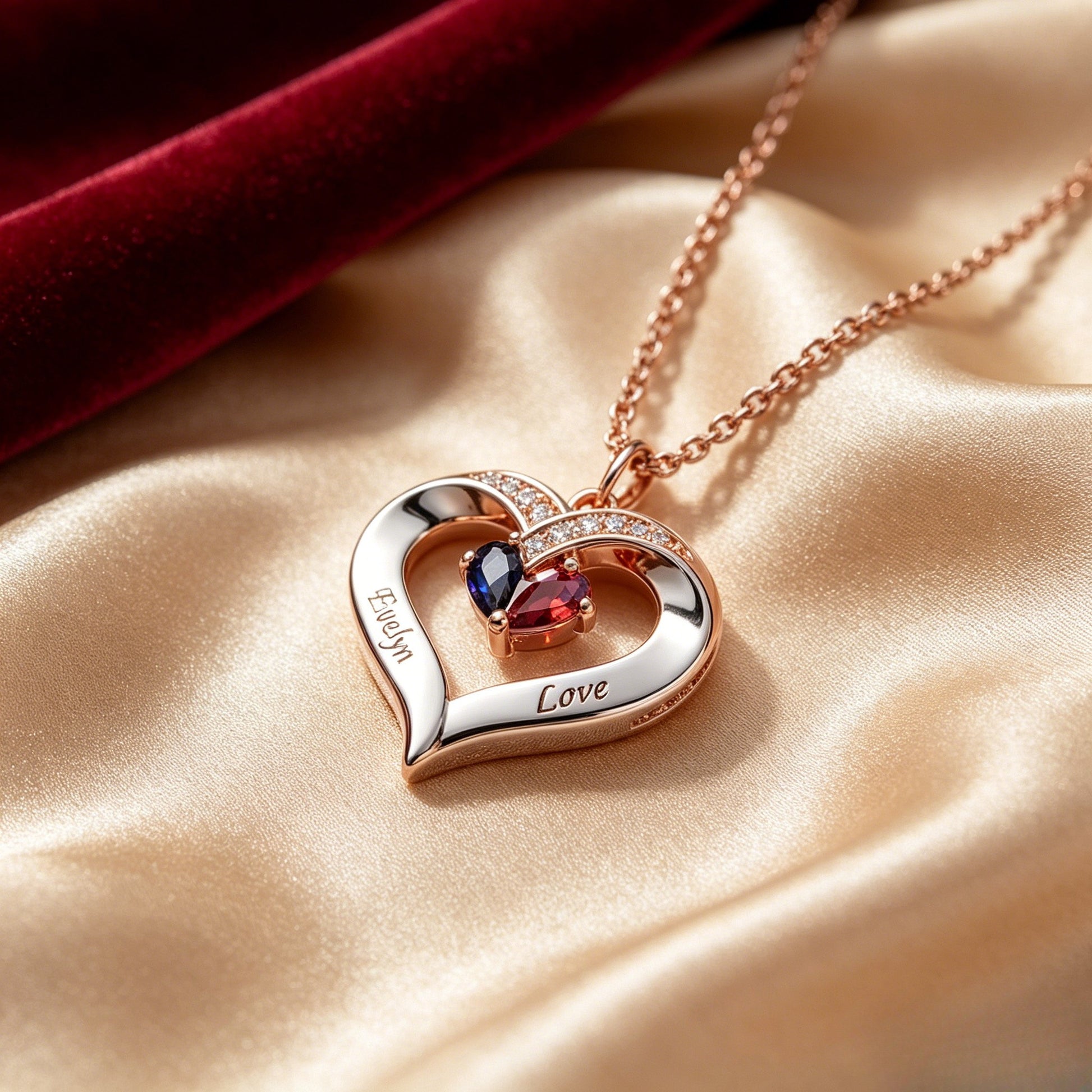 Rose gold custom name heart birthstone necklace