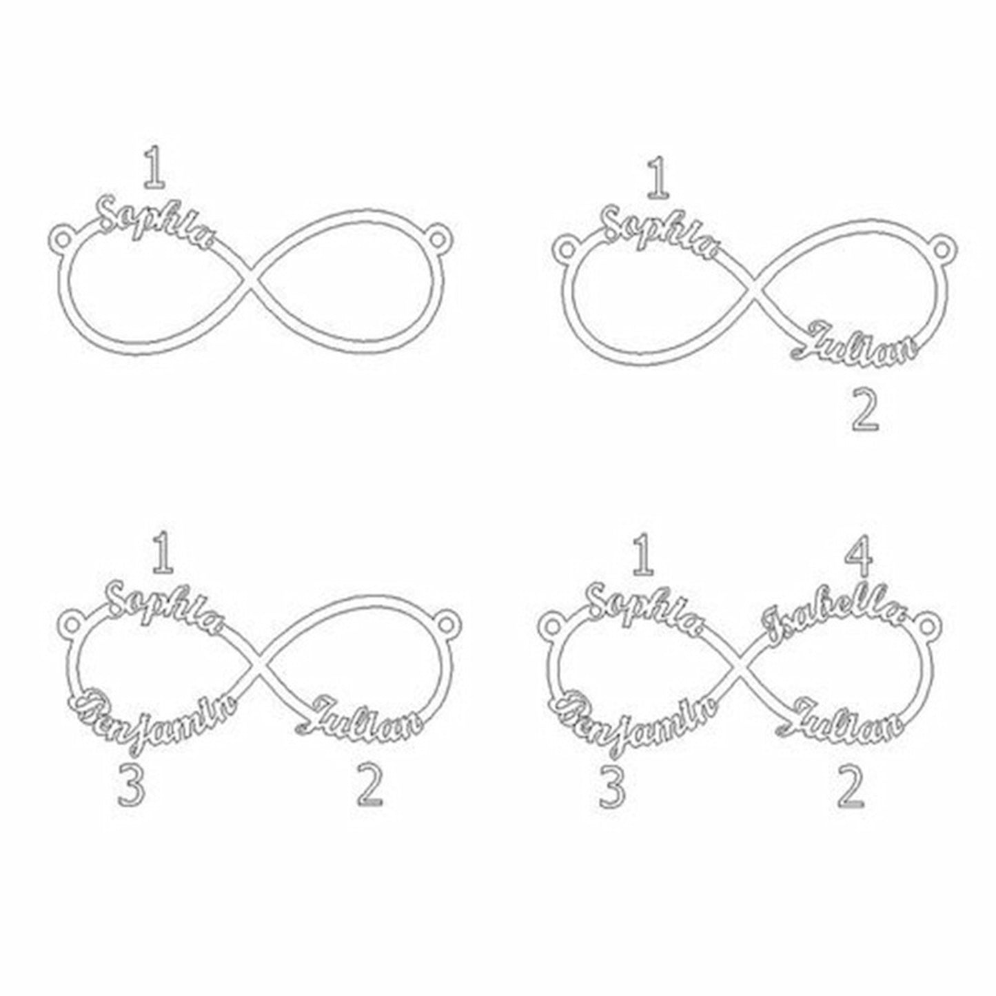 Custom name necklace infinity design thickness detail and chain style.