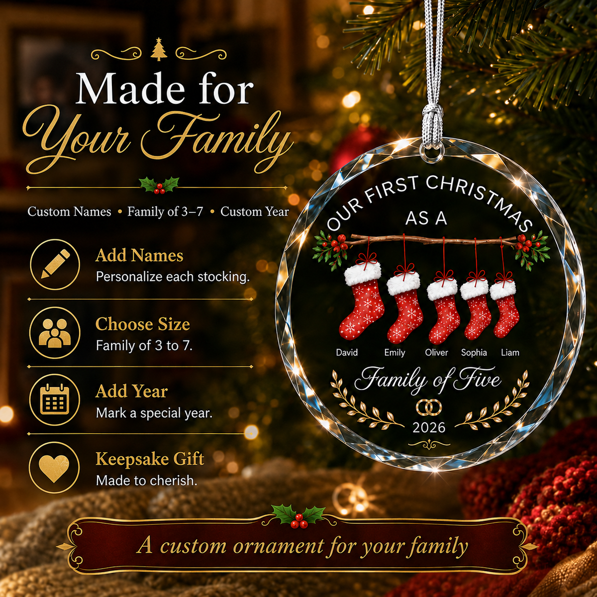 Personalized family Christmas glass ornament with custom names - custom names and family details