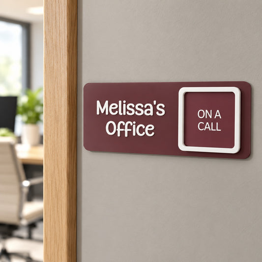 Mulberry Melissa's Office sign mounted beside an office doorway with an On a Call status tag and white 3D frame