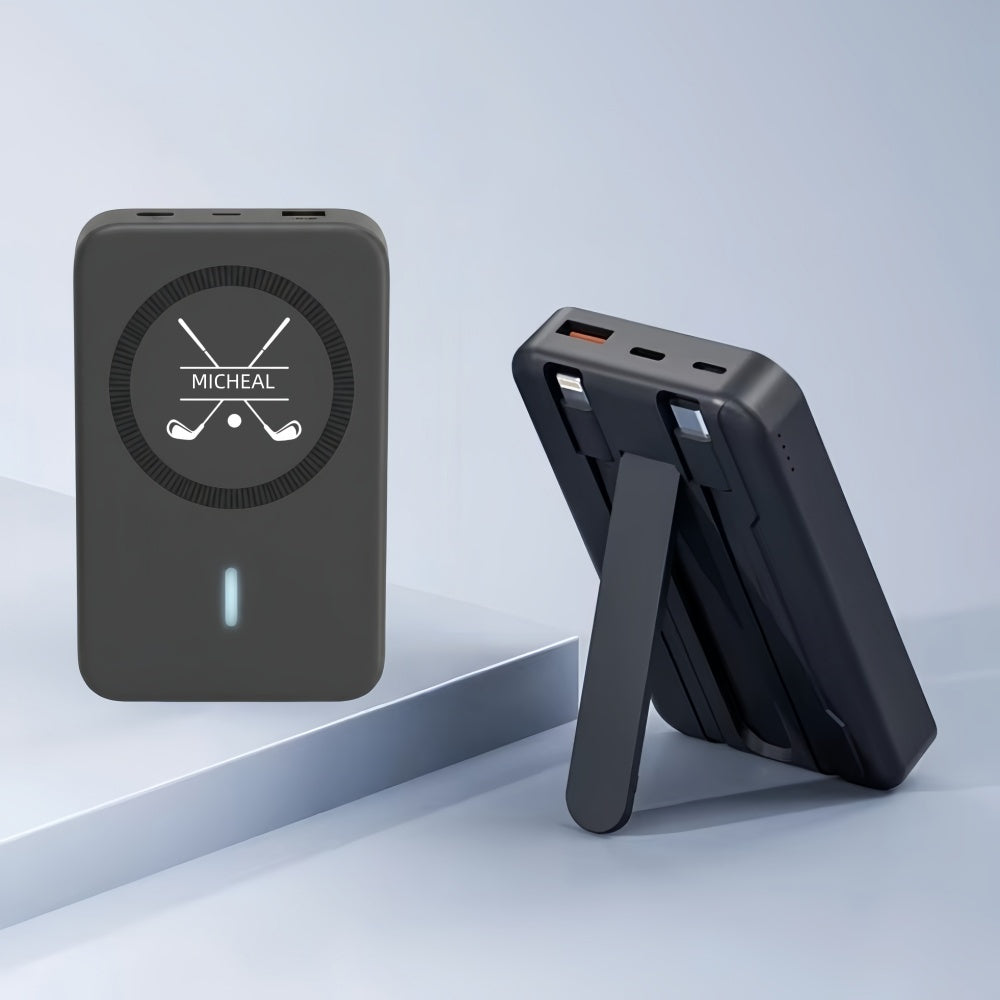 Custom black power bank with a golf logo and hidden stand.