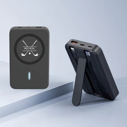 Custom black power bank with a golf logo and hidden stand.