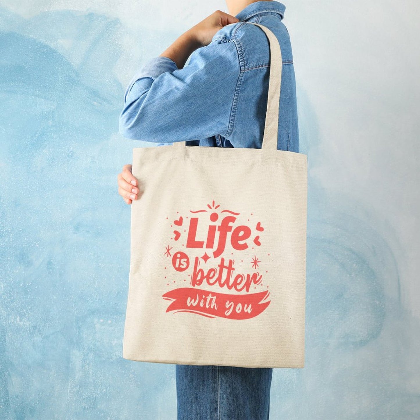 Custom One Side Printed Medium Cotton Tote Bag for Shopping, worn by model.