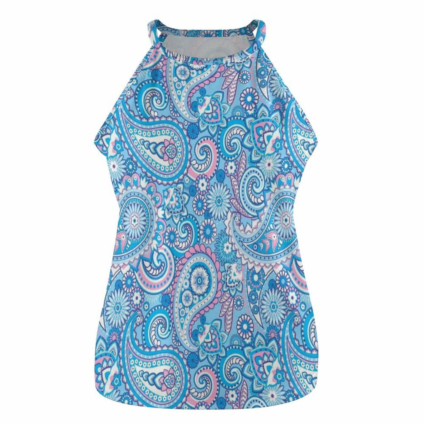 Close-up of Custom Blue Paisley Print Cami Tank Top (front view).